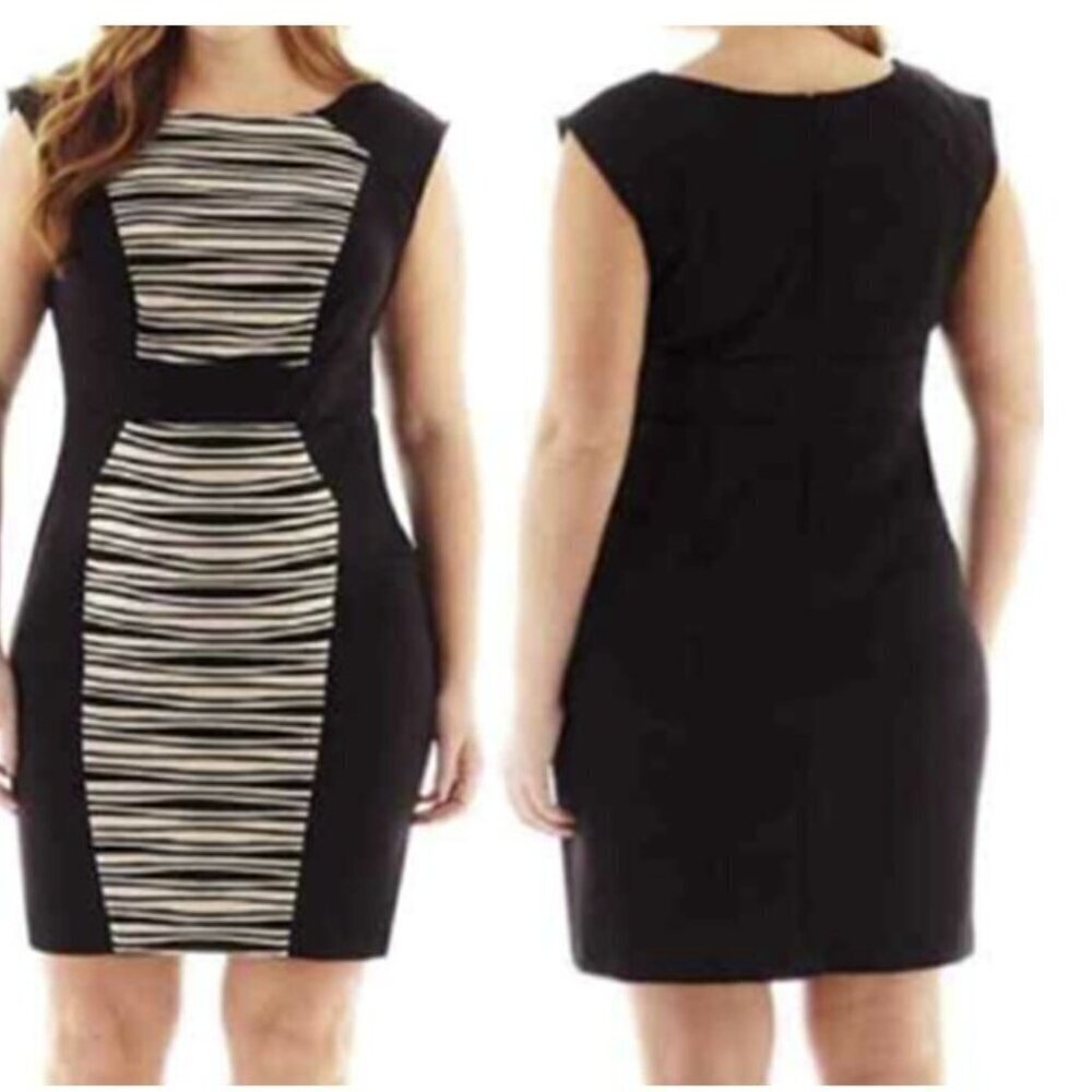 R&M Richards Sleeveless Abstract Black & White Knee Length Stretch Sheath Dress